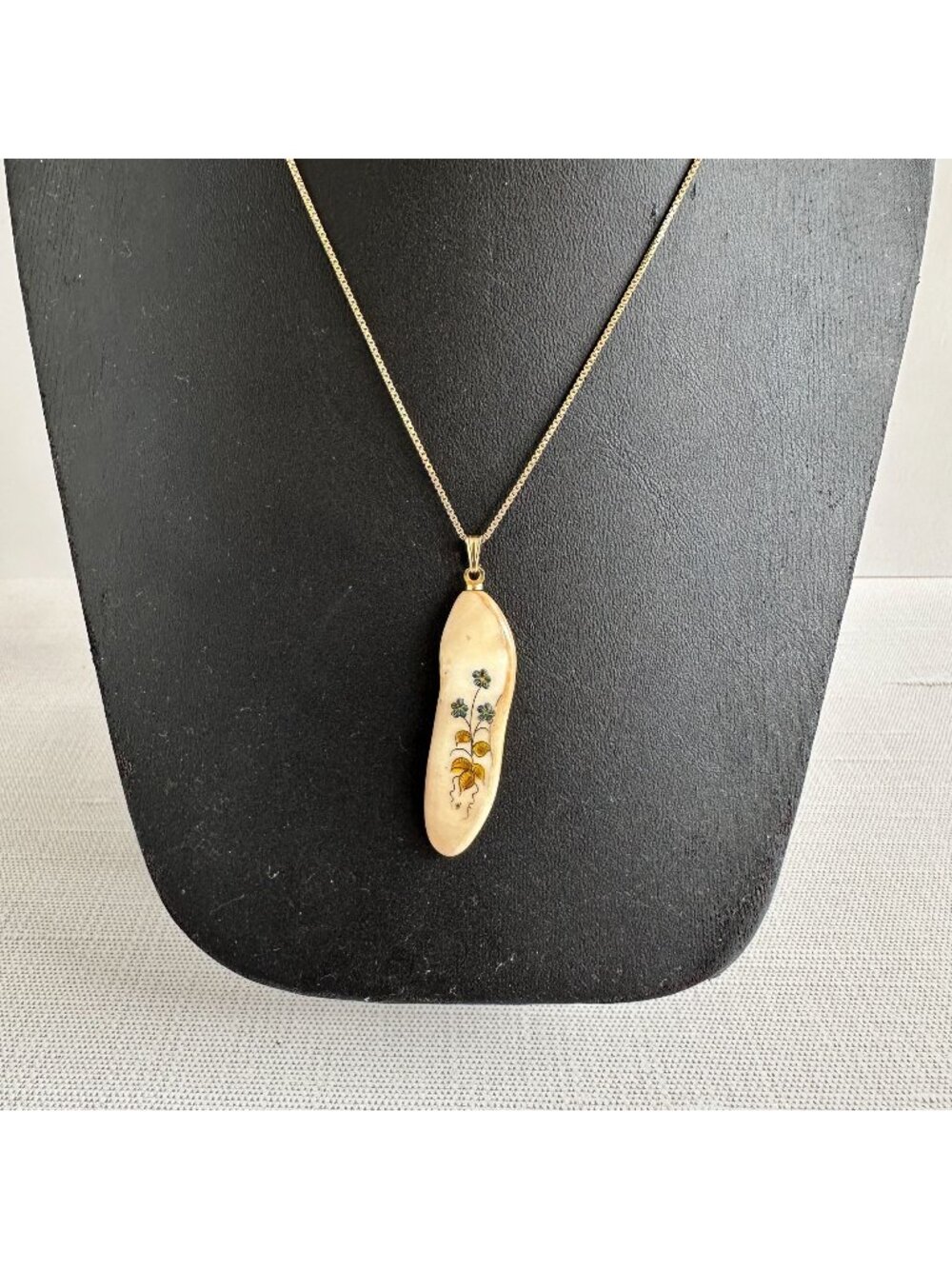 Vintage Inuit Carved Bone Pendant Necklace Reversible Dog Sled Flowers